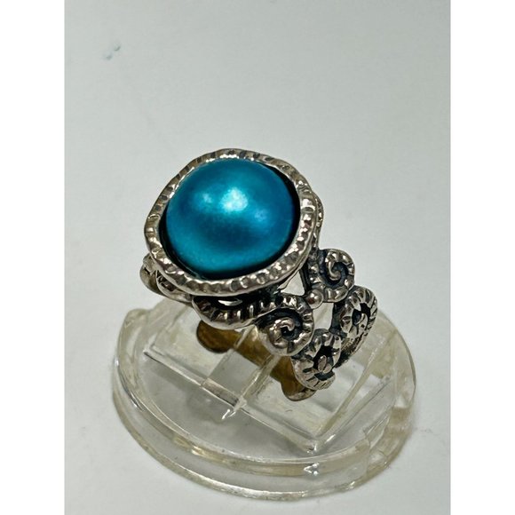 Dyed Blue Genuine Pearl Ring Size 5 Sterling Silver Israel 925 Ornate Wide Band - Picture 8 of 10